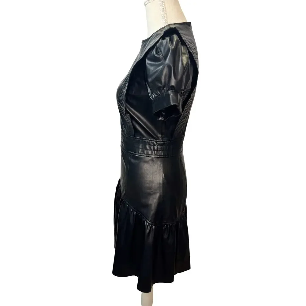 Zara Faux Leather Mini Dress Black Women's XS Ruffle Puff Flounce Hem Coquette - Picture 4 of 16